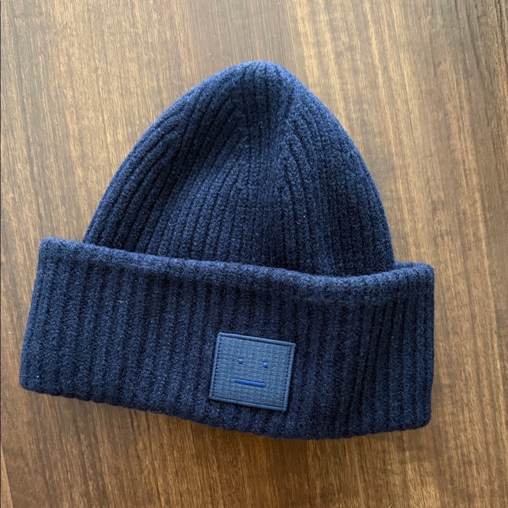 Acne Navy Ribbed Beanie with Logo Patch